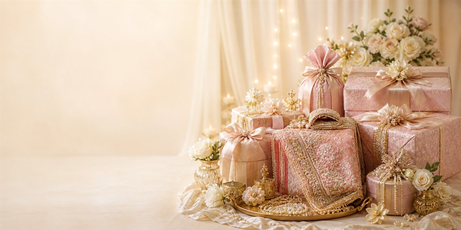 Blush pink and gold Indian wedding trousseau gift arrangement